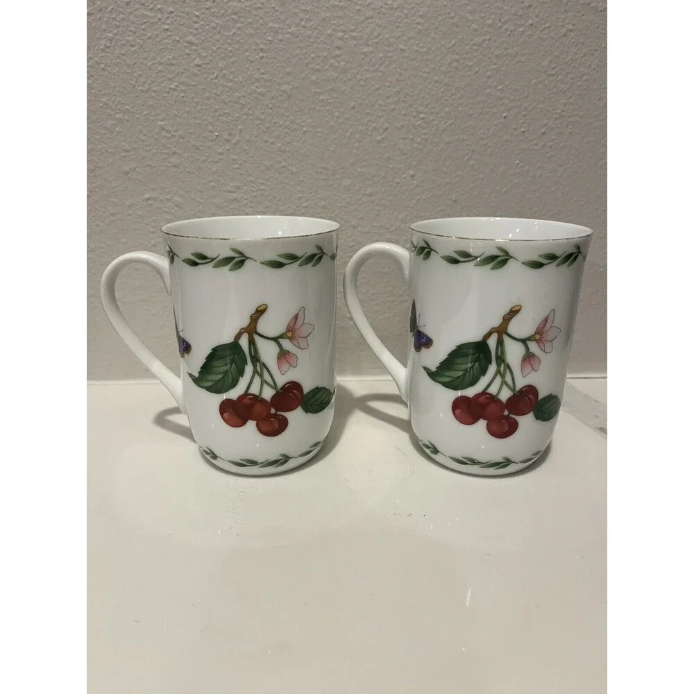 Vintage Otagiri Cups Mugs Cherry Ceramic Japan Set of 2 Gold Rimmed
